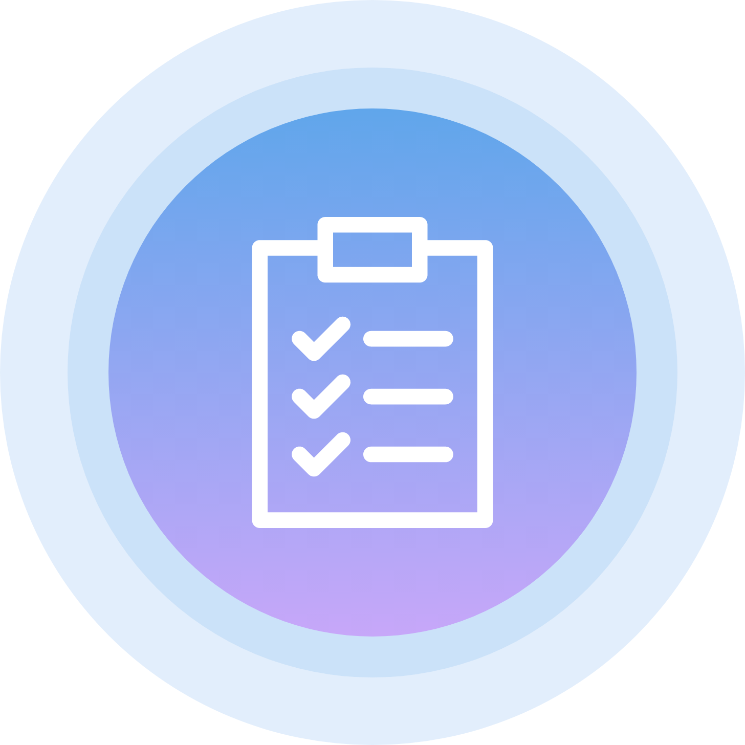 White check-list icon upon pulsing blue and purple button