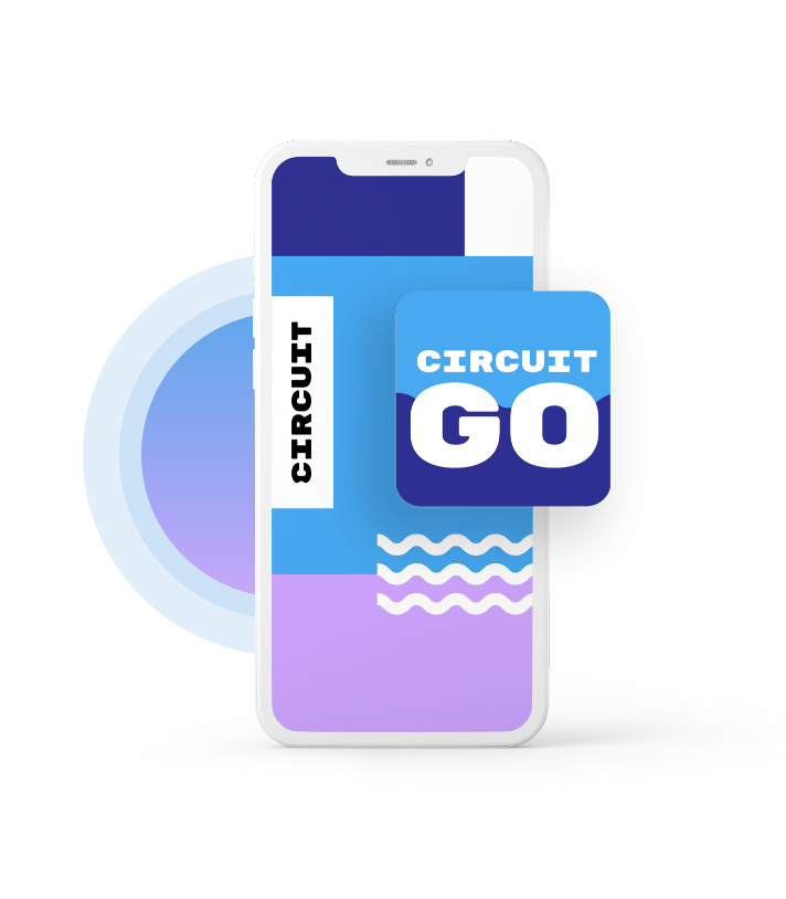 Promotional mock-up of Circuit Go app in white phone frame