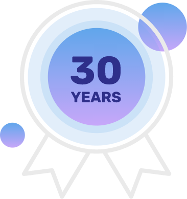 White outline of a medal celebrating 30 years